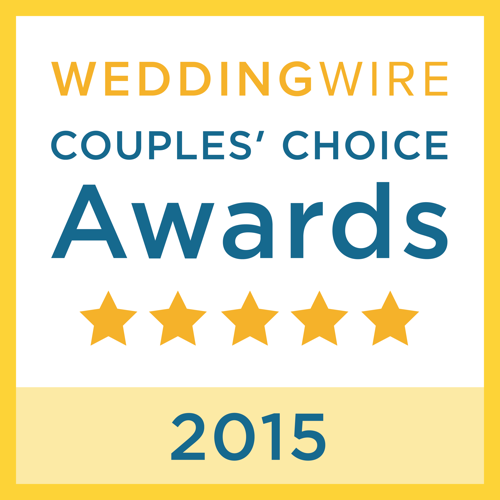 WeddingWire Couples’ Choice Awards badge with five gold stars and “2015” on white and blue background
