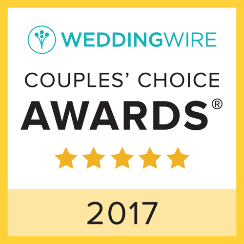 WeddingWire Couples’ Choice Awards badge, 2017, with five gold stars and teal logo.