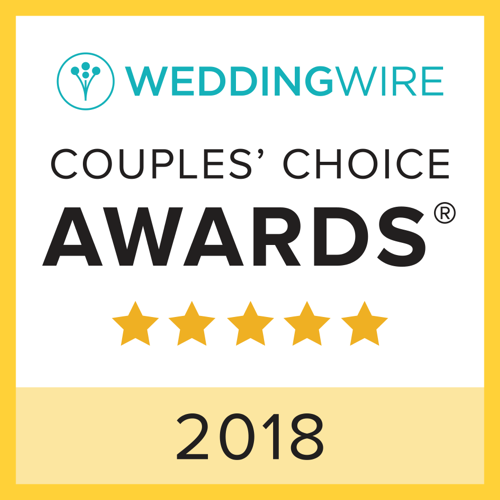WeddingWire Couples’ Choice Awards badge, 2018, with five gold stars on white and yellow background