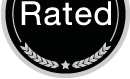 Partial black circular badge with the word “Rated” and a white laurel wreath at the bottom