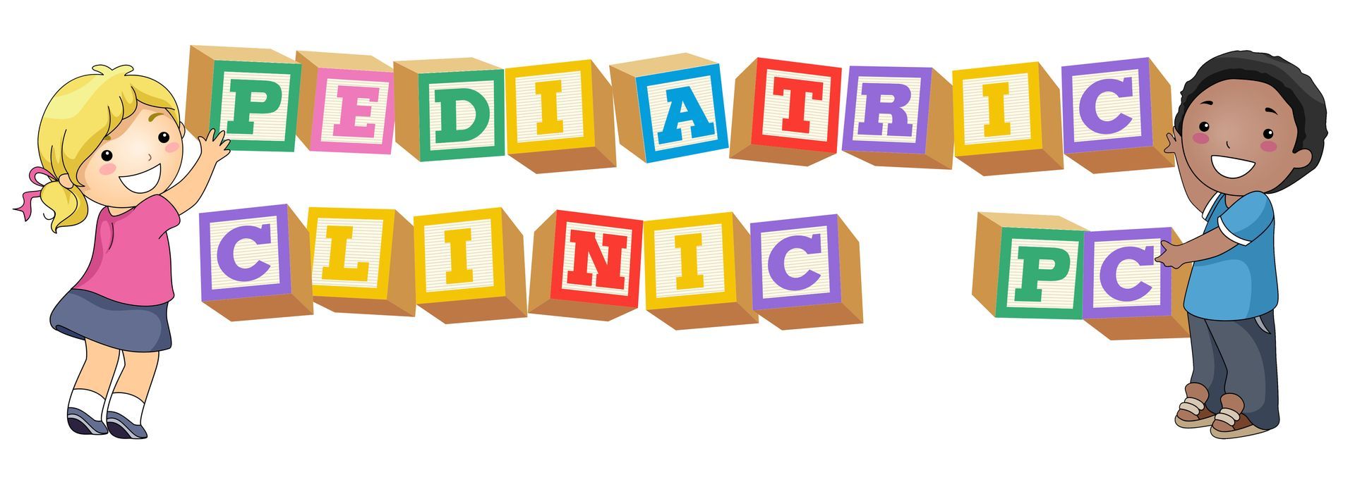 Colorful blocks spelling &ldquo;Pediatric Clinic PC&rdquo; with cartoon children on each side