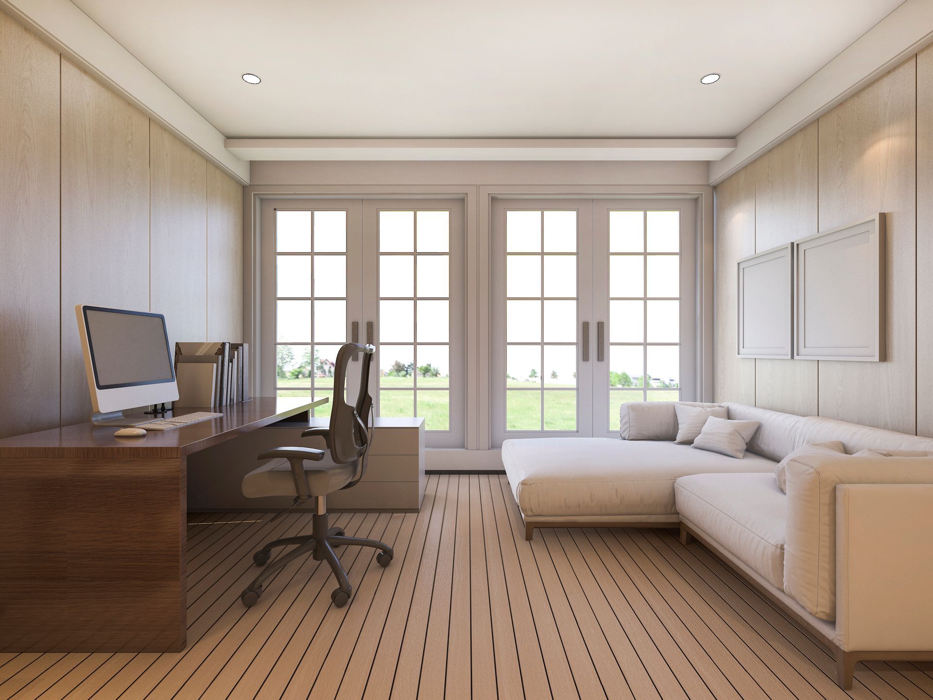 Home office with desk, computer, chair, sofa, and double doors to a yard.