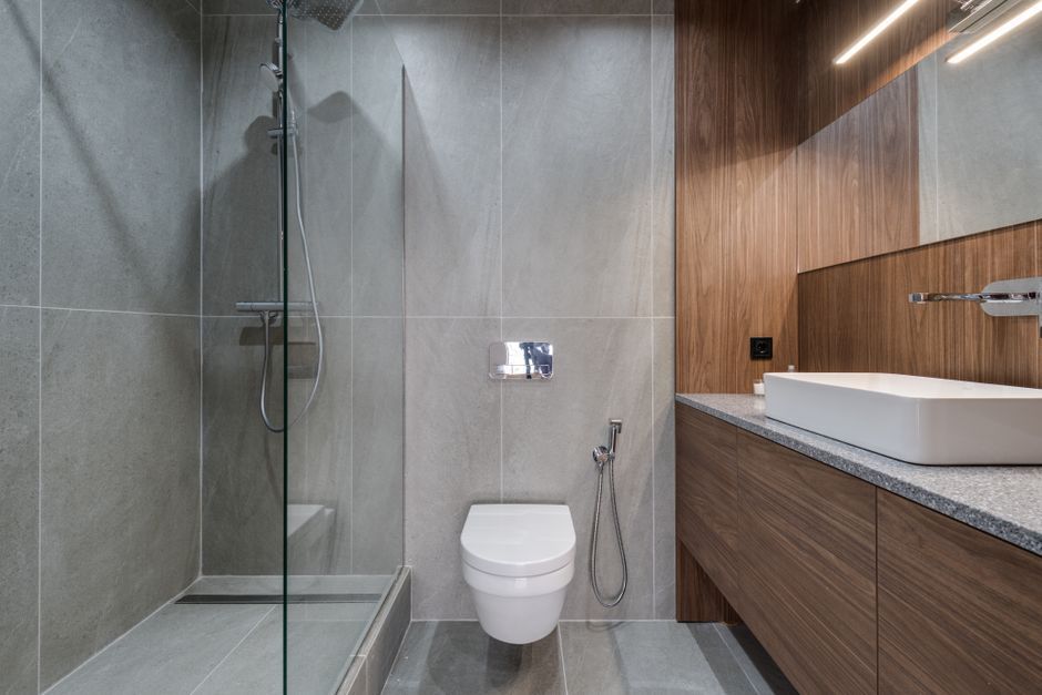 Modern bathroom with glass shower, wall-mounted toilet, and wood vanity with sink