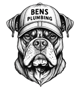 Black-and-white bulldog logo wearing a cap labeled “BENS PLUMBING”