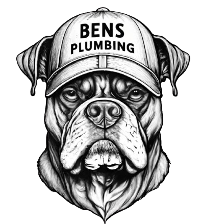Black-and-white bulldog logo wearing a cap labeled “BENS PLUMBING”