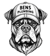 Black-and-white bulldog logo wearing a cap labeled “BENS PLUMBING”