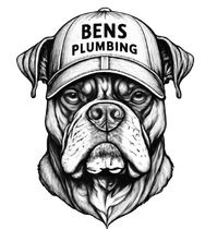 Black-and-white bulldog logo wearing a cap labeled “BENS PLUMBING”