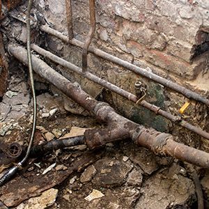 Red and blue plastic pipes with joints laid on a rough concrete floor.