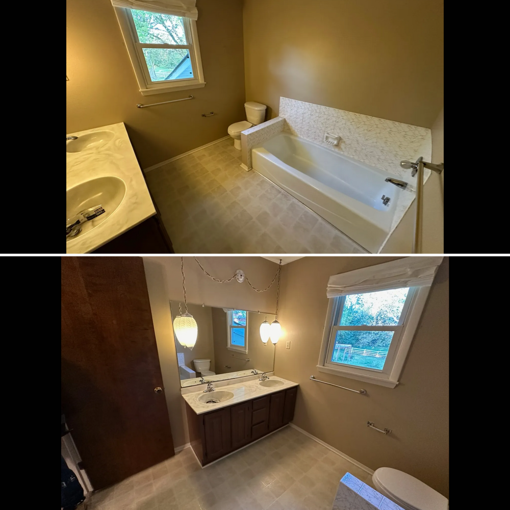 Bathroom before and after renovation. Top: old bathroom. Bottom: newly renovated bathroom. Brown, white, beige.