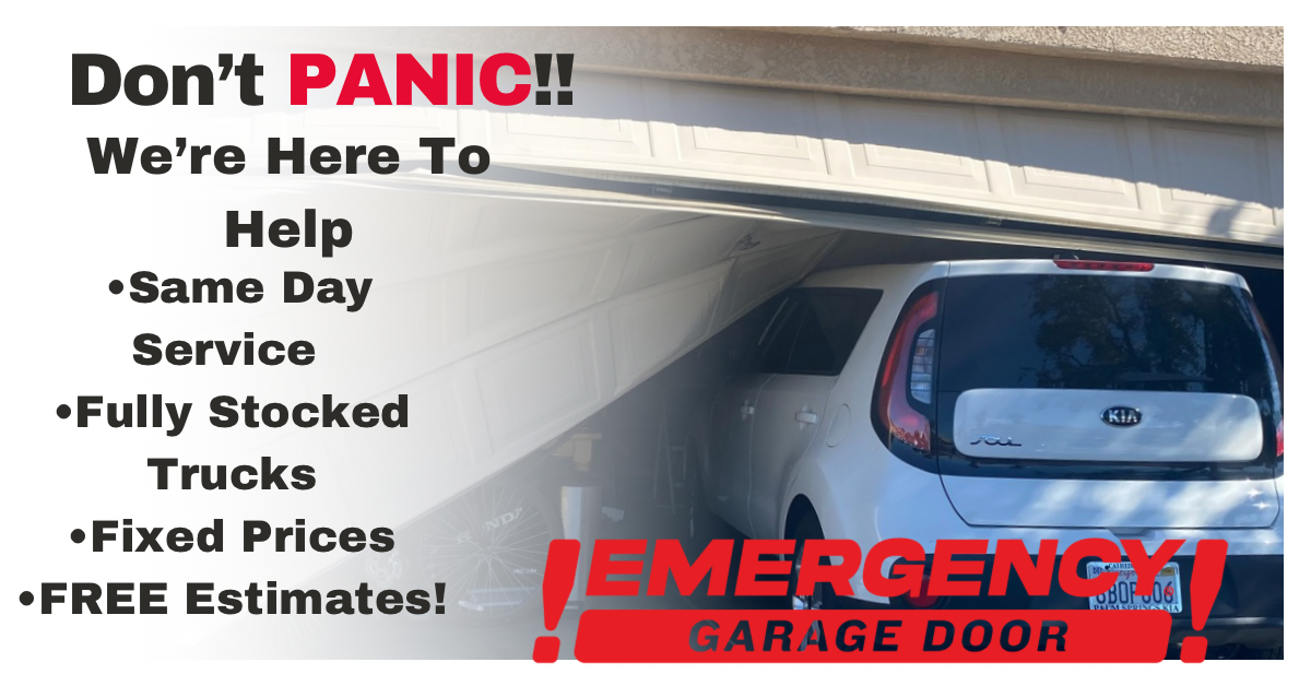 A car is parked in a garage with a sign that says emergency garage door