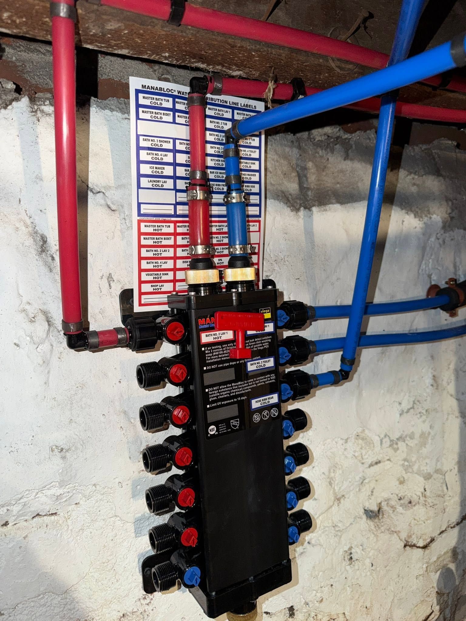 Electrical control panel with red and blue pipes against a concrete wall