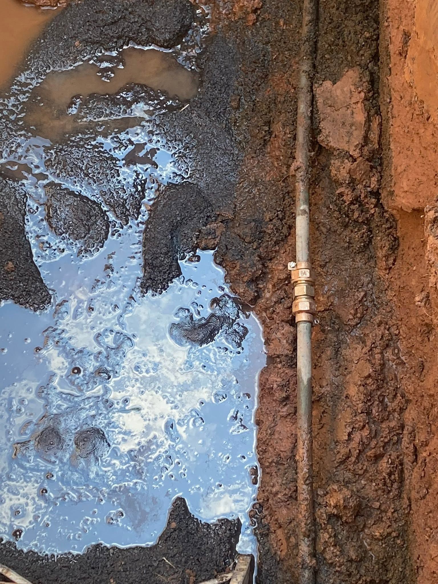 Blue water reflecting trees beside a muddy bank and a vertical metal pipe.