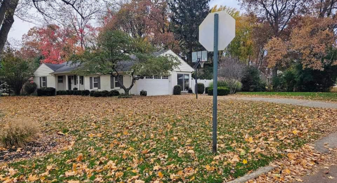 Suburban house with a lawn covered in autumn leaves and a stop sign in the foreground