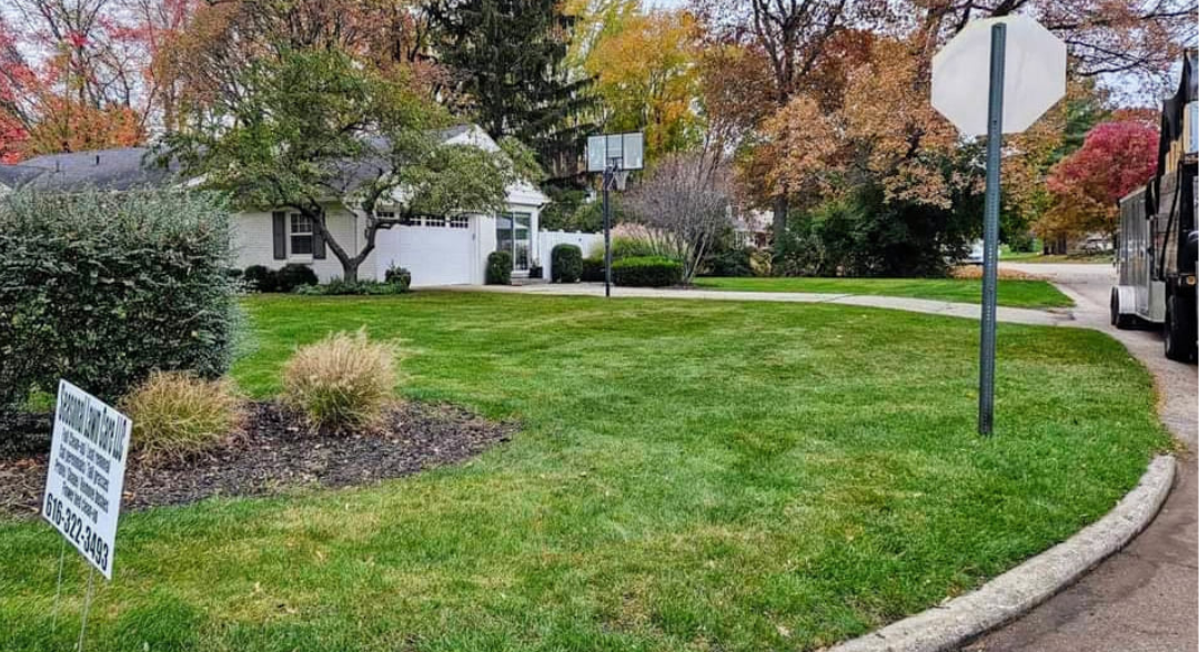 Suburban lawn with a small sign, stop sign, and white house surrounded by autumn trees