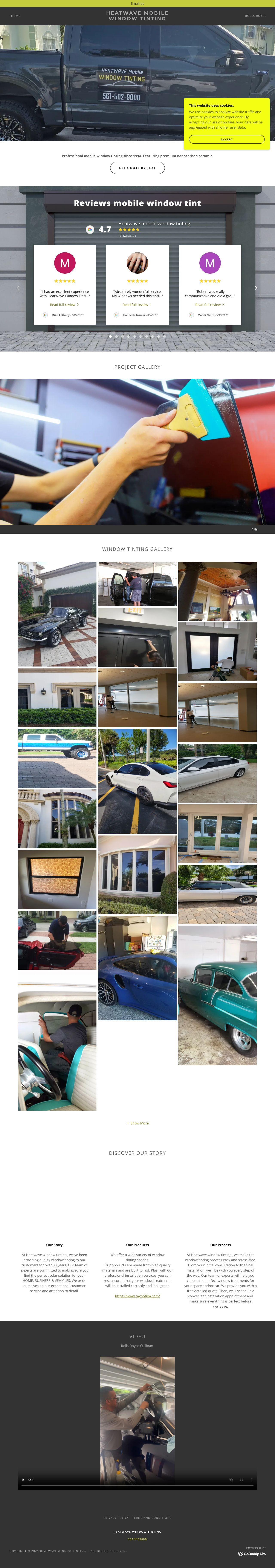 Website layout: header, profiles, hands holding a device, image gallery, footer with social media icons.