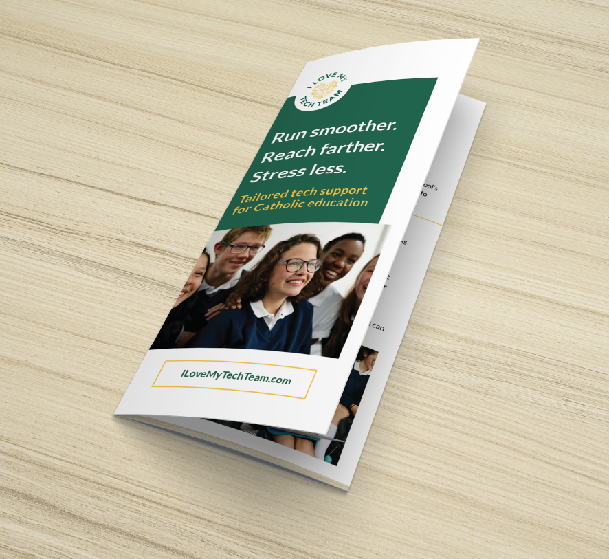 trifold brochure with green background and white text and children smiling wearing school uniforms