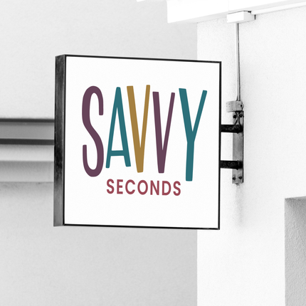 square sign purple, turquoise, and gold logo reading