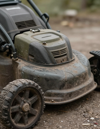 Close-up of mower deck and wheels