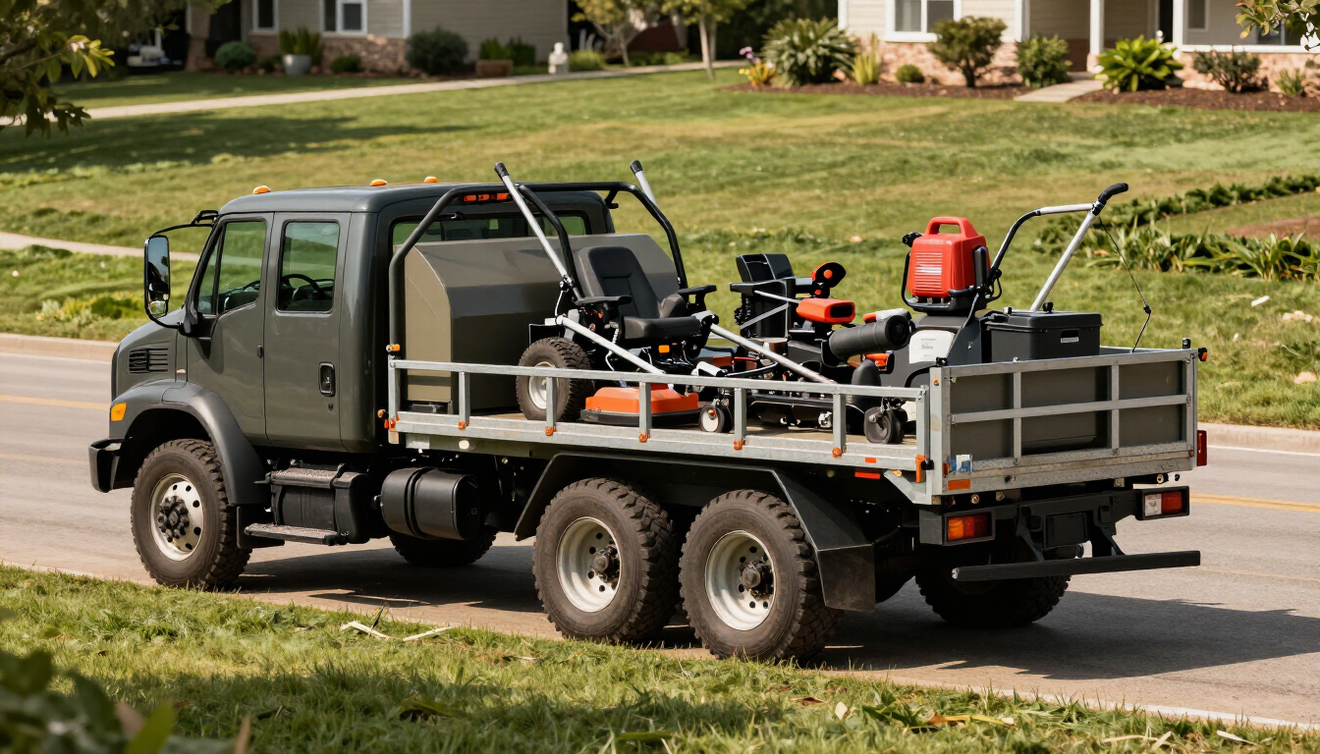 Truck, trailer, mowers, trimmers, and blowers at a job site