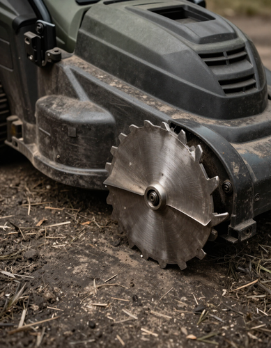 Close-up of a commercial mower deck and blade