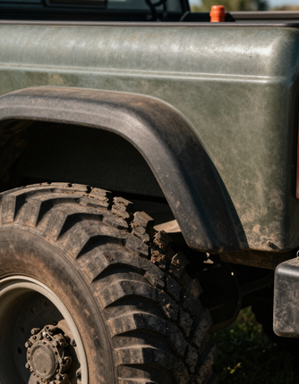 Close-up of the truck's fuel tank and wheel