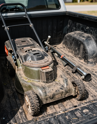 Mower deck and trimmer stowed in truck bed