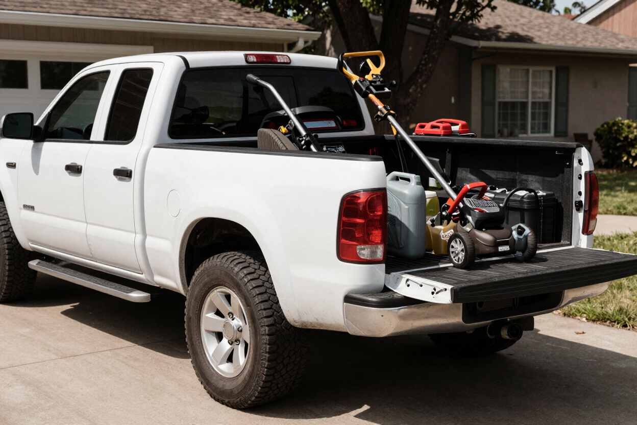 Company truck loaded with lawn care equipment