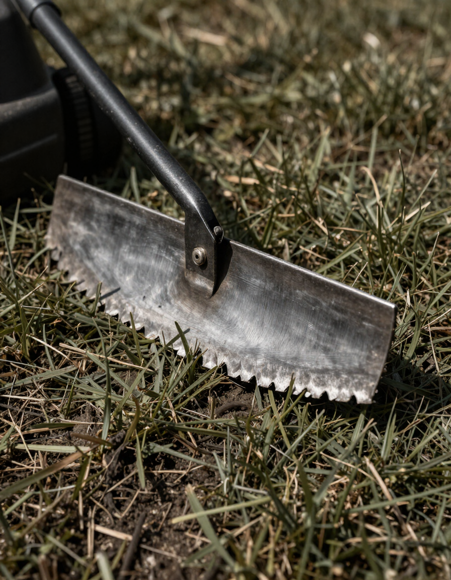 Close crop of mower blade on cut grass