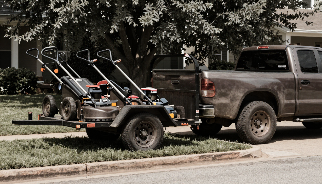 BND Lawn Care truck loaded with mowers and trimmers