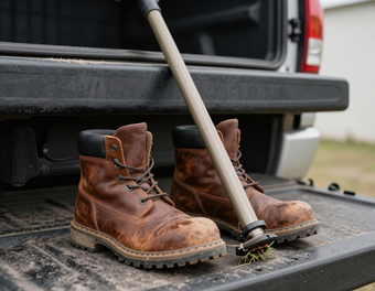 Work boots and trimmer against a truck tailgate