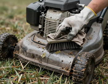 Mower deck being cleaned after a job