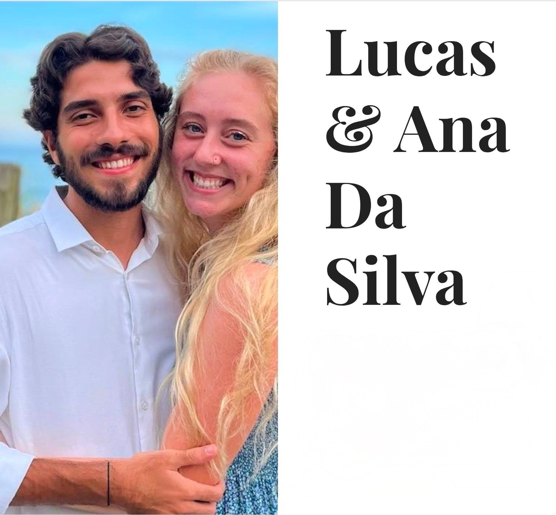 Smiling couple posing together; text reads