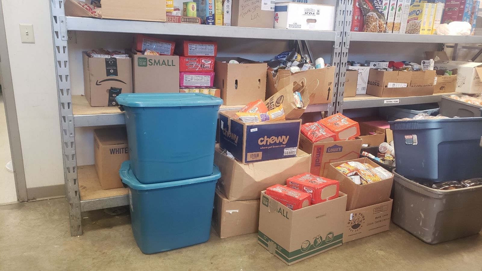 Shelves overflowing with boxes and containers filled with food. Two blue bins sit in front of the shelves.
