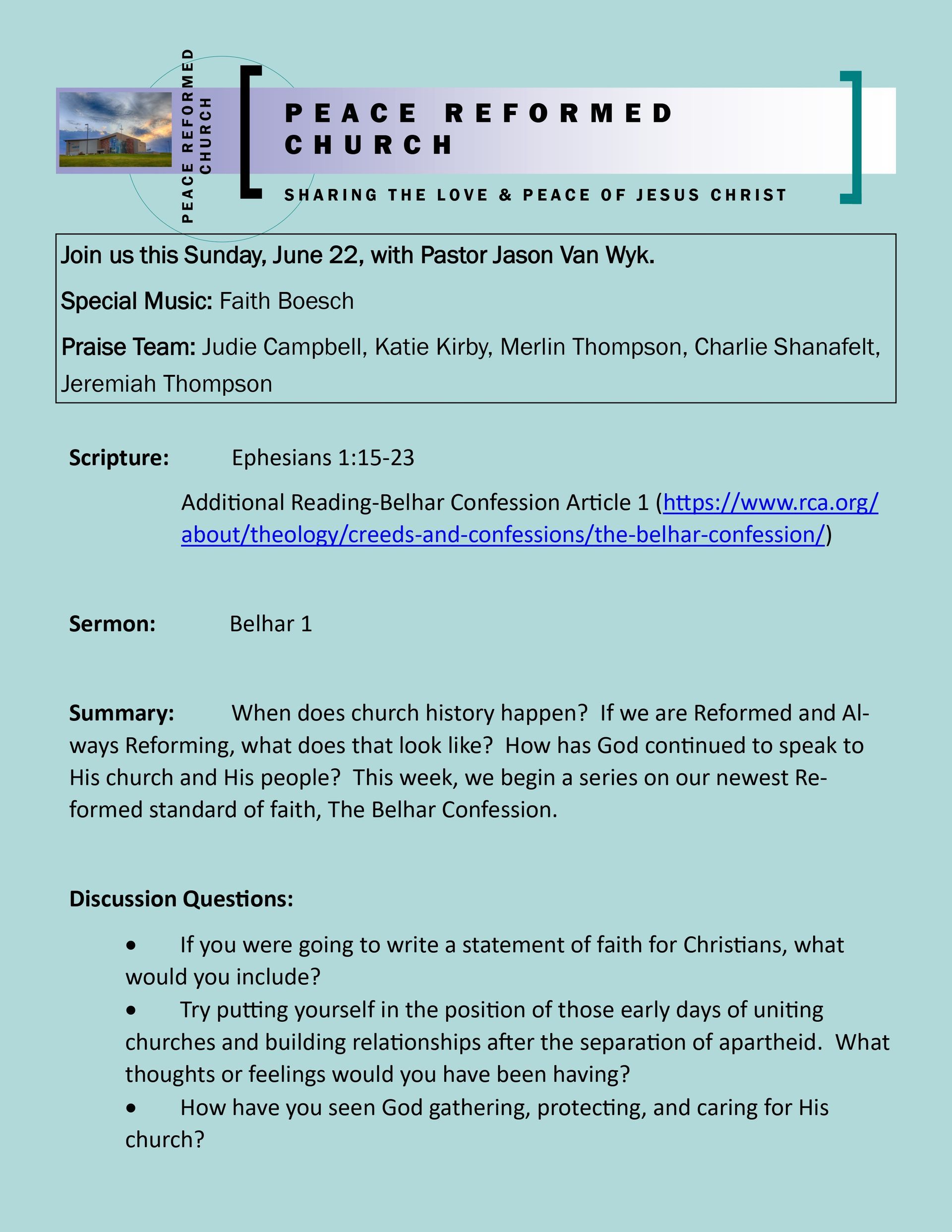 Church bulletin with sermon details, including topic, scripture, and discussion questions.