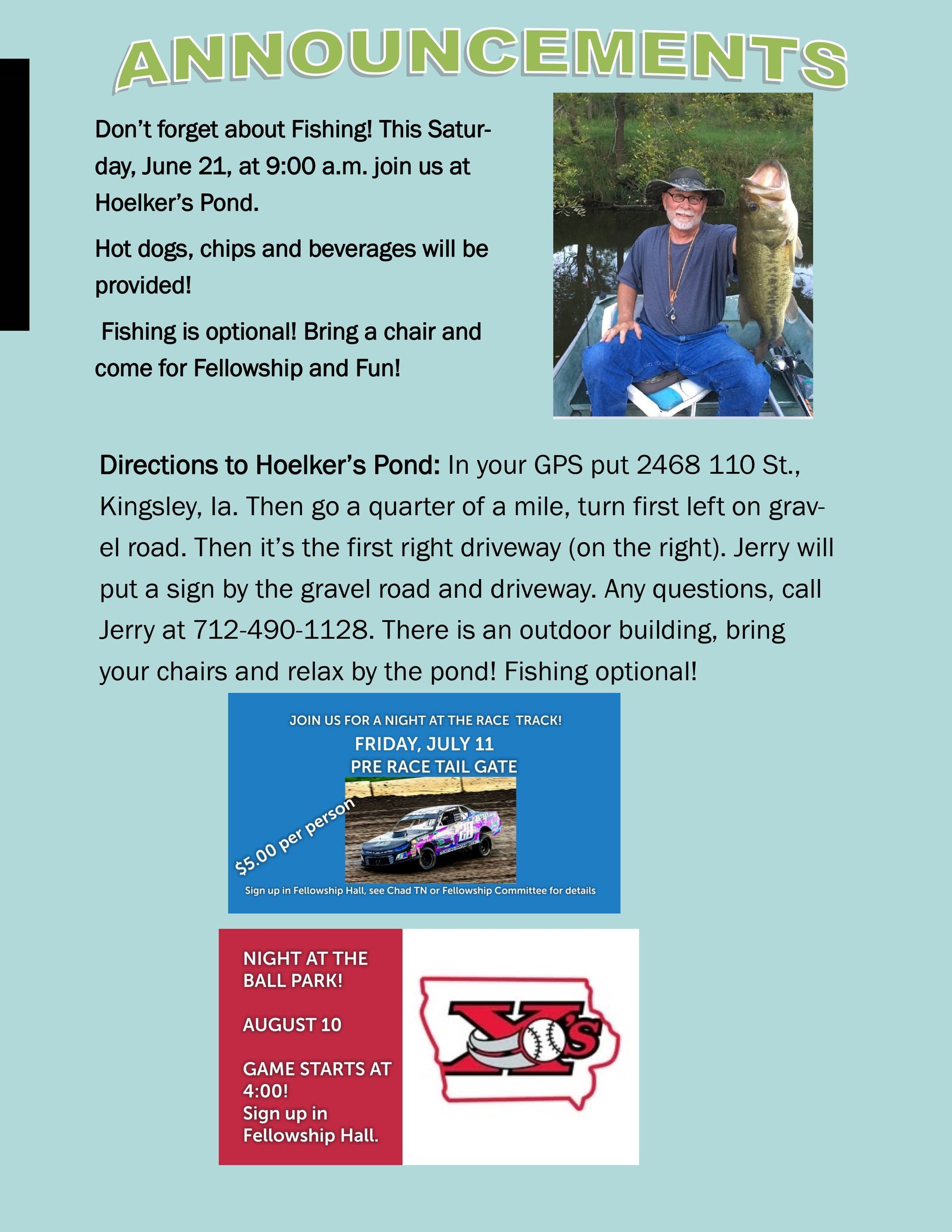 Fishing tour announcement with a photo of a man holding a fish; directions to location and sponsor logos.