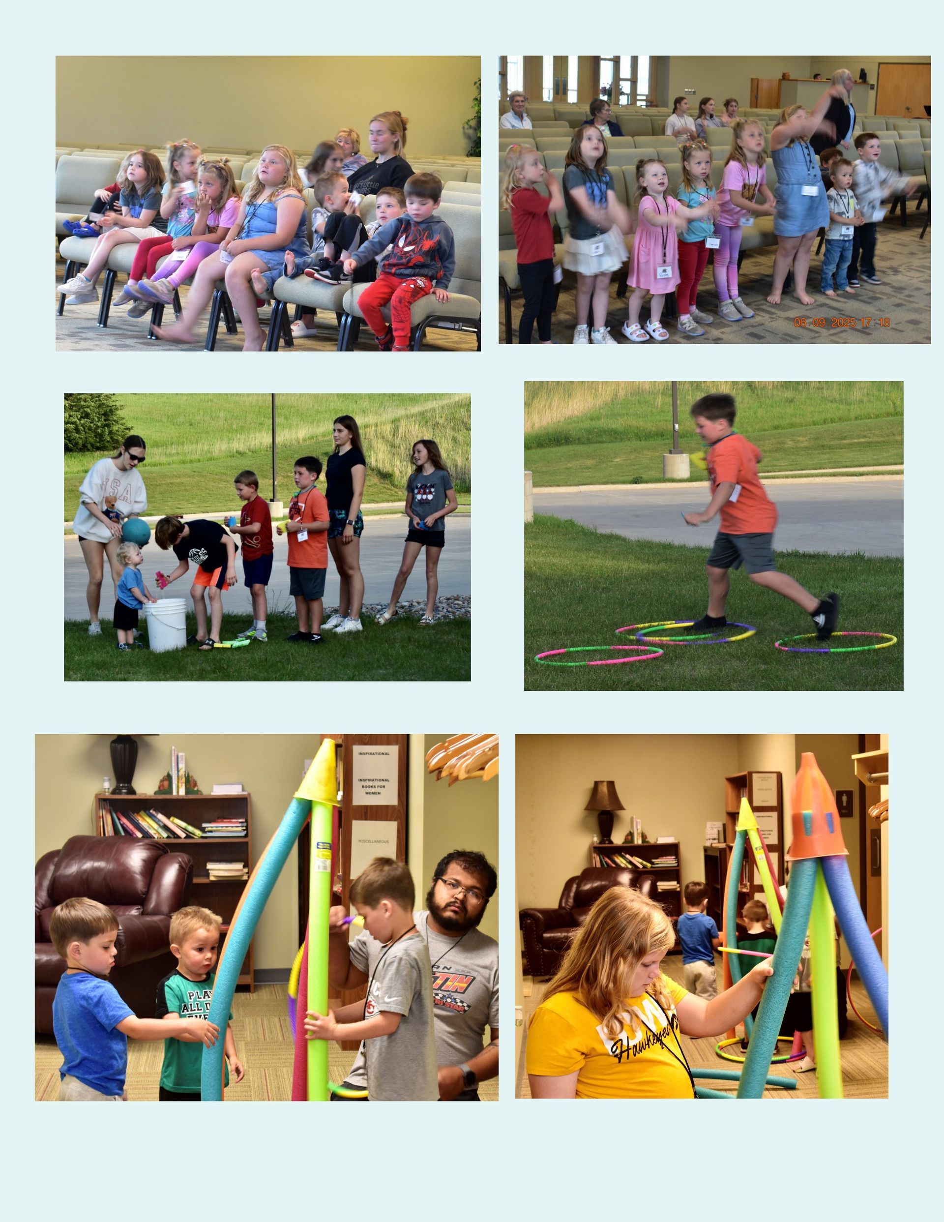 Children participating in various activities at an indoor and outdoor event.