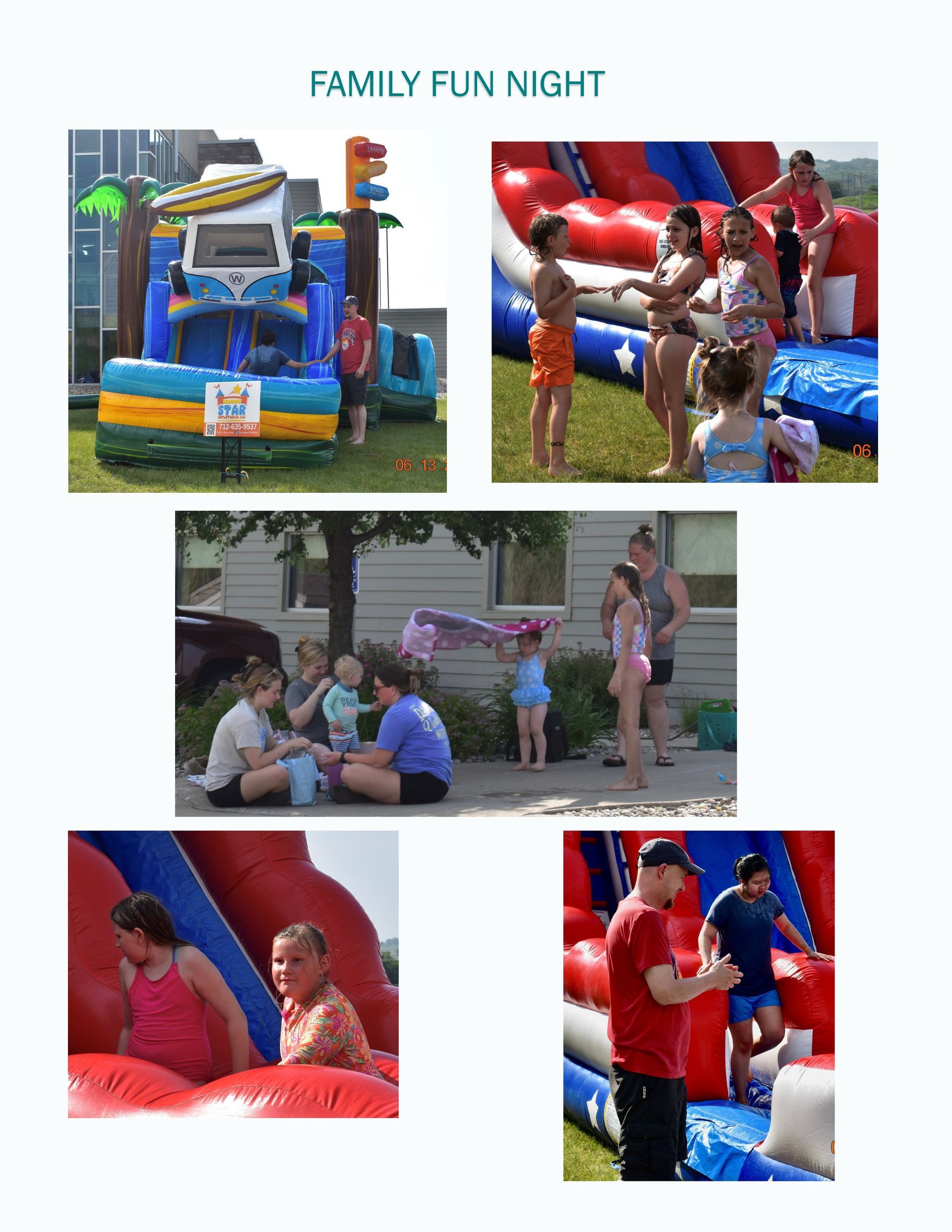 Family Fun Night: People enjoying inflatable water slides and activities outdoors.