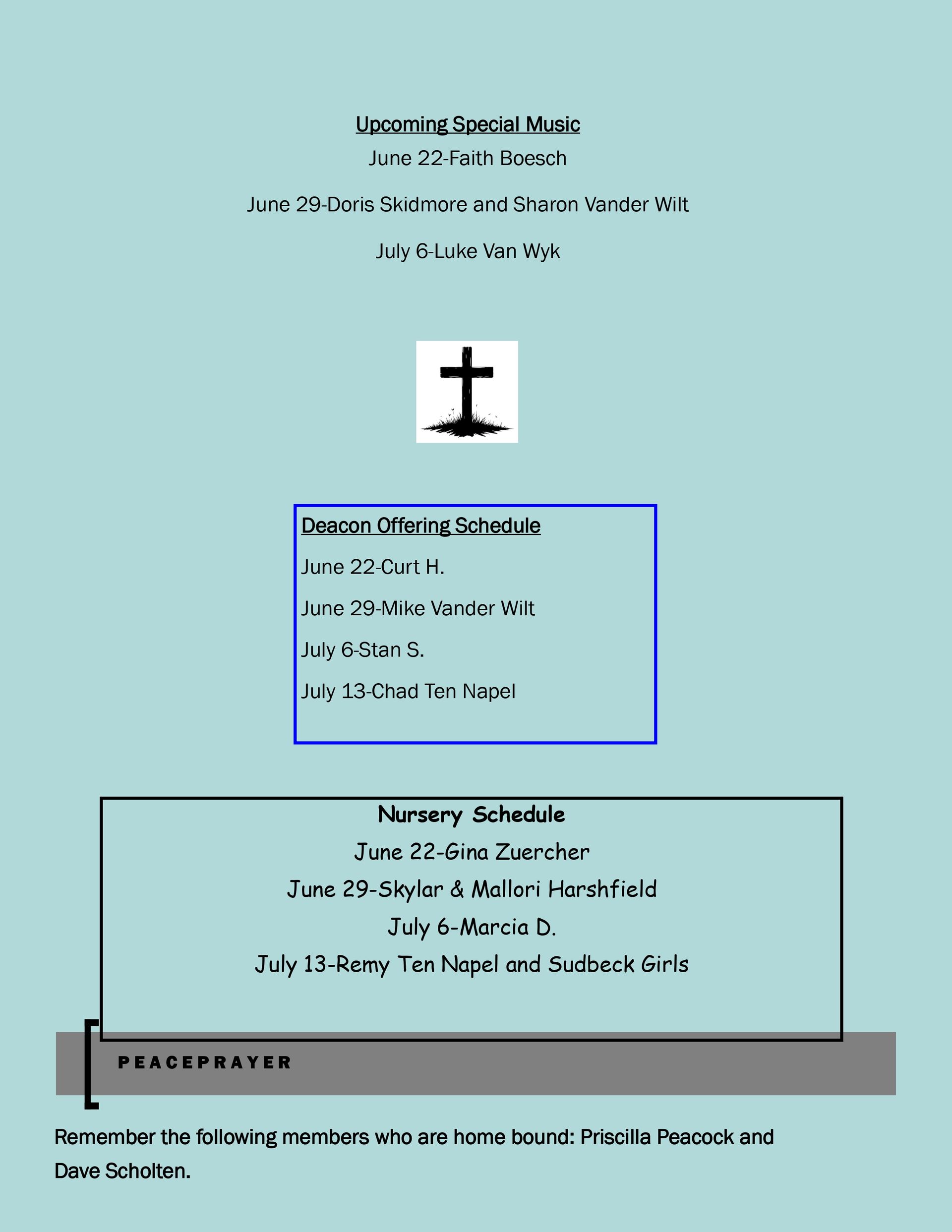 Memorial service announcement: lists dates, a cross, and names, set against a teal background.