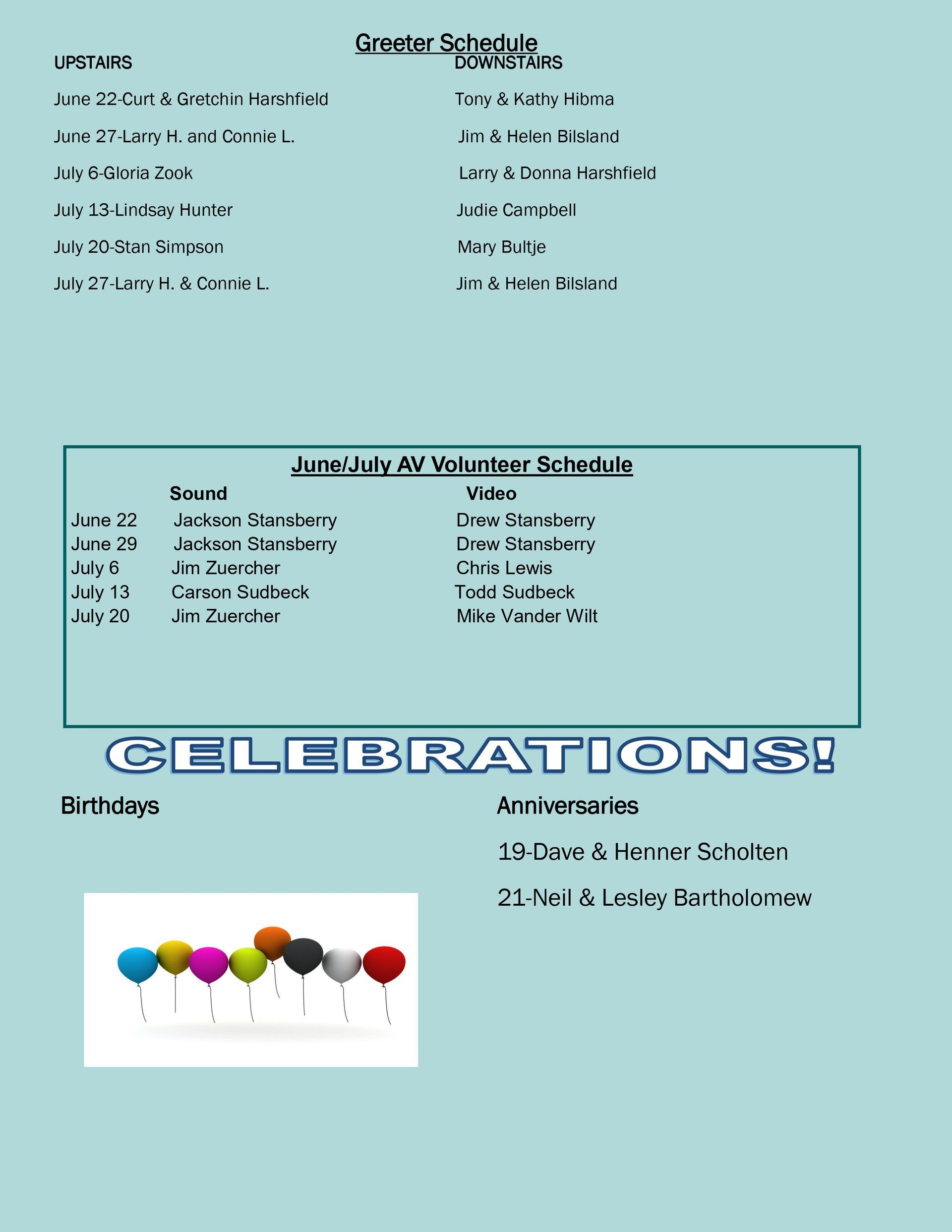Calendar with volunteer schedule, celebrations, balloons, and names.