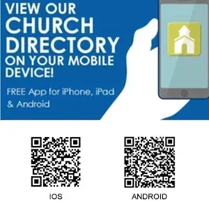 Advertisement: Church directory app for mobile devices. Blue background, hand holding phone. QR codes for iOS and Android.