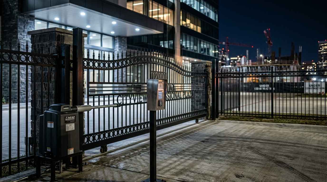 Commercial slide gate with automated operator at Houston business entrance