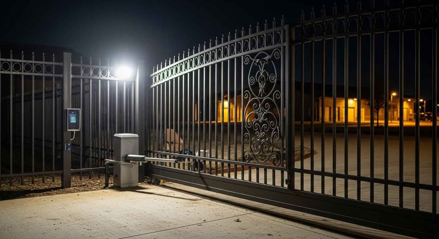 Custom iron gate with automated operator at Houston commercial property entrance