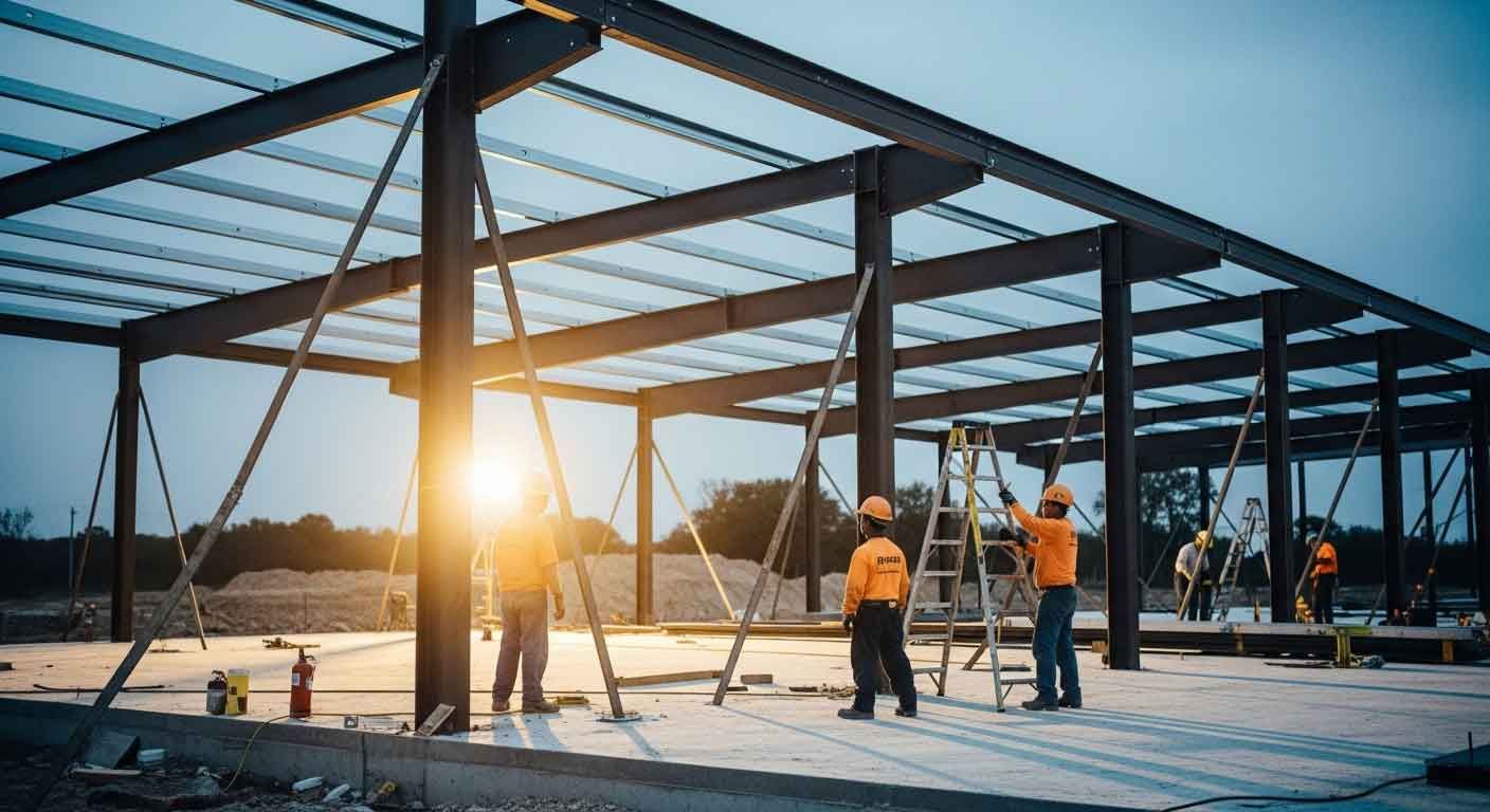Steel crew erecting pre-engineered metal building frame at Houston commercial site