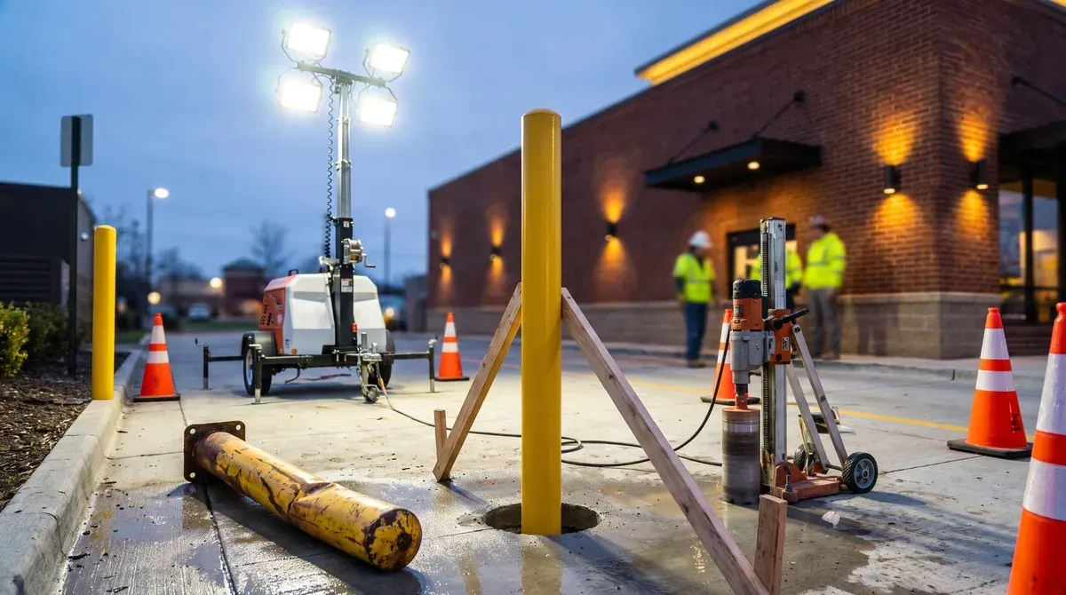 Yellow steel pipe bollard braced in a cored hole beside a drive-thru lane, damaged bollard nearby