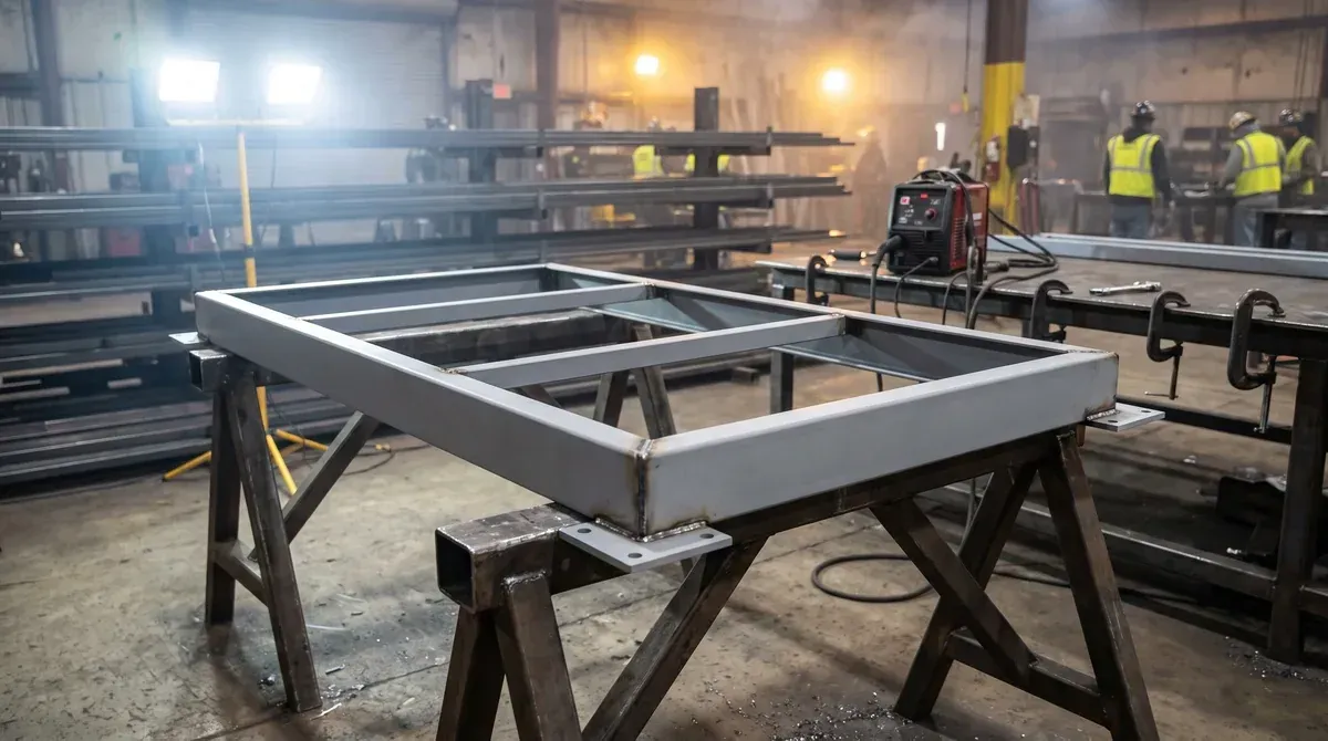 Primed steel RTU support frame with corner base plates on sawhorses in a fabrication shop