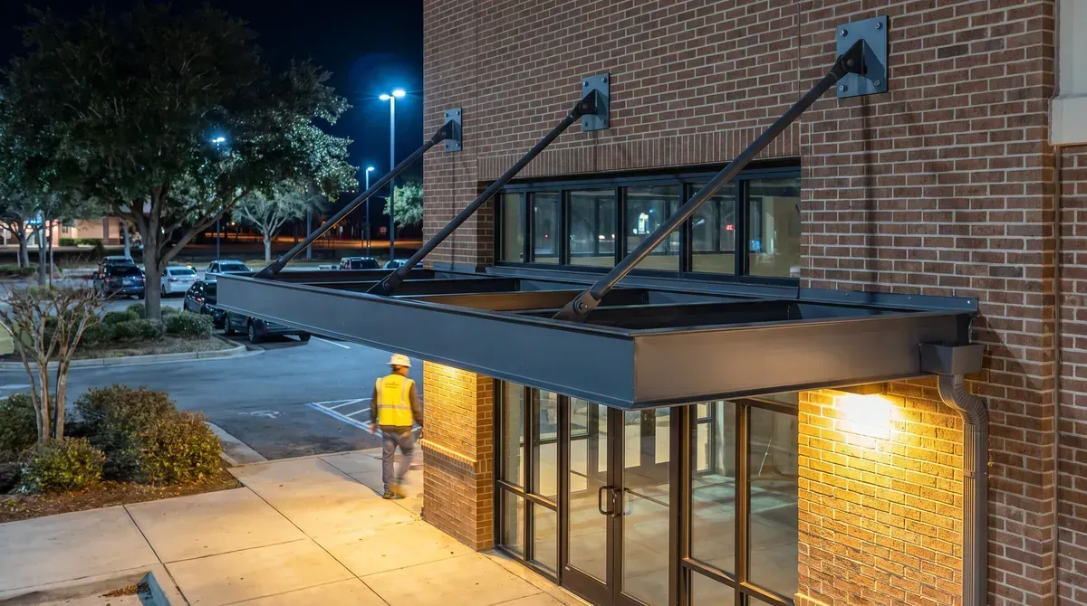 Steel hanger rod canopy frame with three tie rods bolted to a brick retail wall over a glass entry