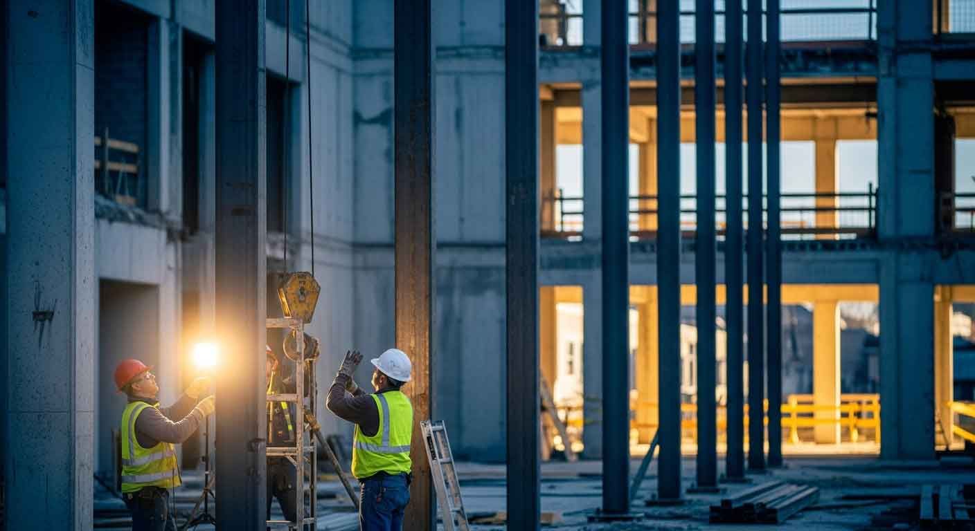 Steel crew erecting structural columns on a Houston commercial renovation project