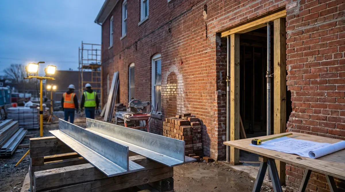 Galvanized steel angle lintels on cribbing beside a shored new opening in a brick office wall