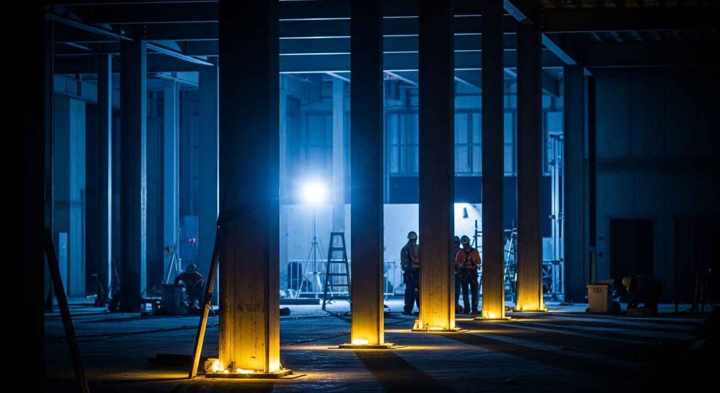 Structural steel framing being erected inside a commercial tenant build-out, ironworkers visible, co