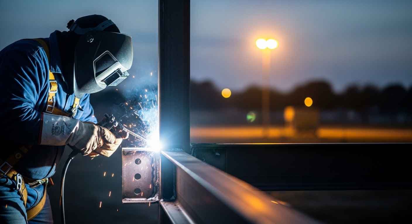 Welder repairing a structural steel component on a commercial property in Houston